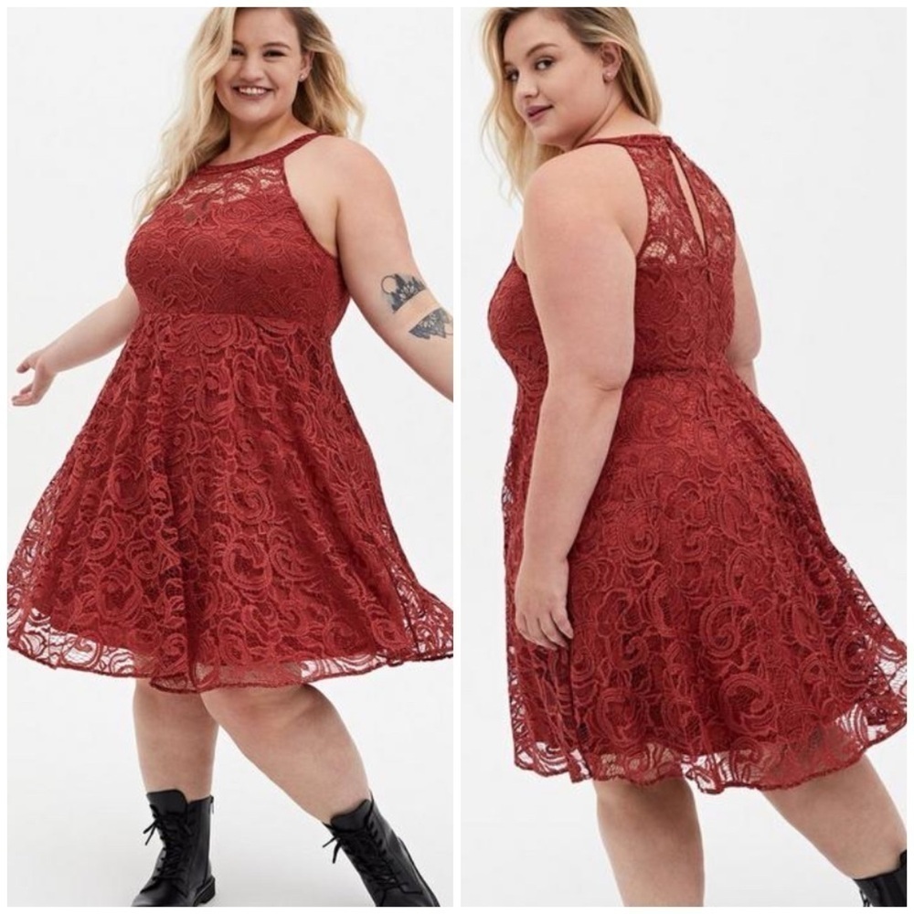 Torrid Glitter Lace Sweetheart Neckline Mini Skater Dress in Marsala